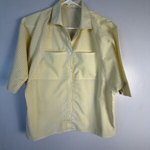 Vtg Women's Yellow White Striped Short Sleeve Button Up Shirt Boxy Blouse S/M